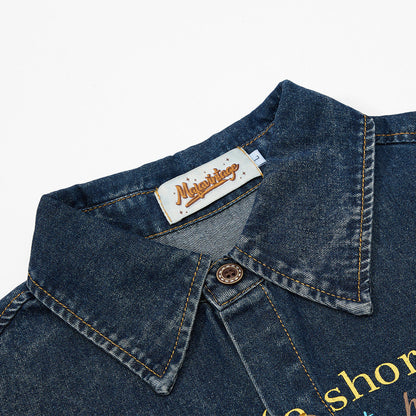 DAXUEN Short-sleeved faded denim shirt with graphic text
