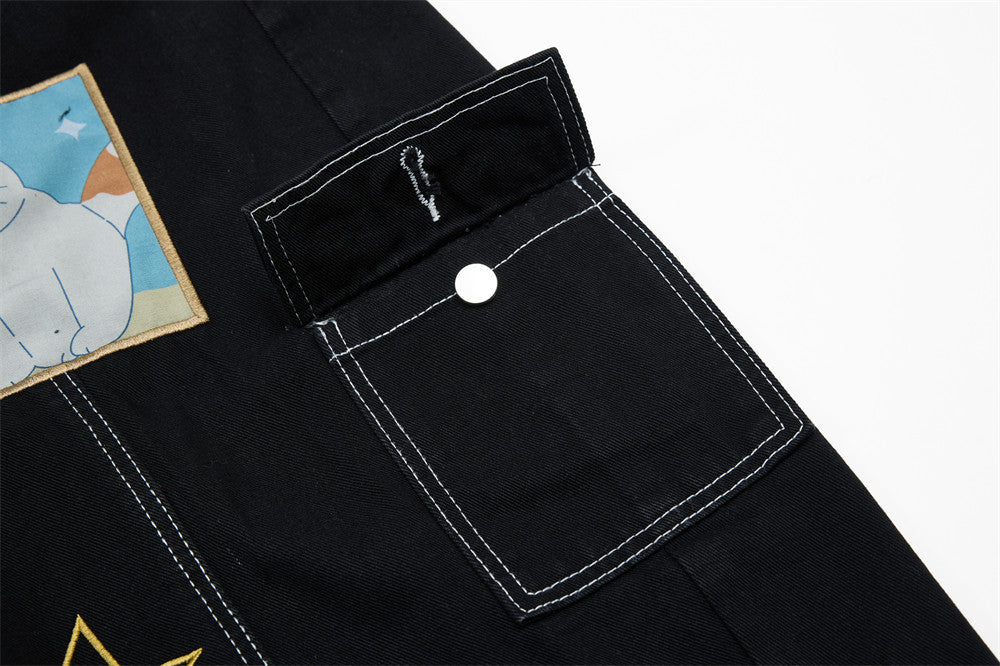 DAXUEN Black wide leg cargo pants with colorful cat patches