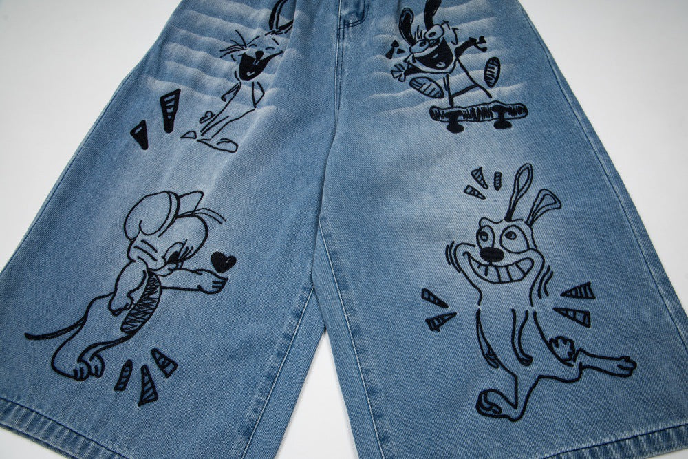 DAXUEN Loose-fitting wide-leg denim trousers with cartoon embroidery