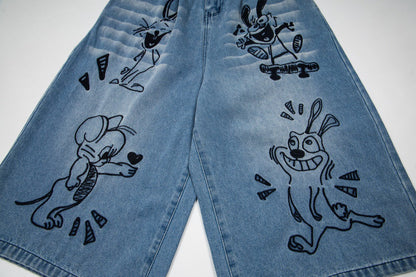 DAXUEN Loose-fitting wide-leg denim trousers with cartoon embroidery