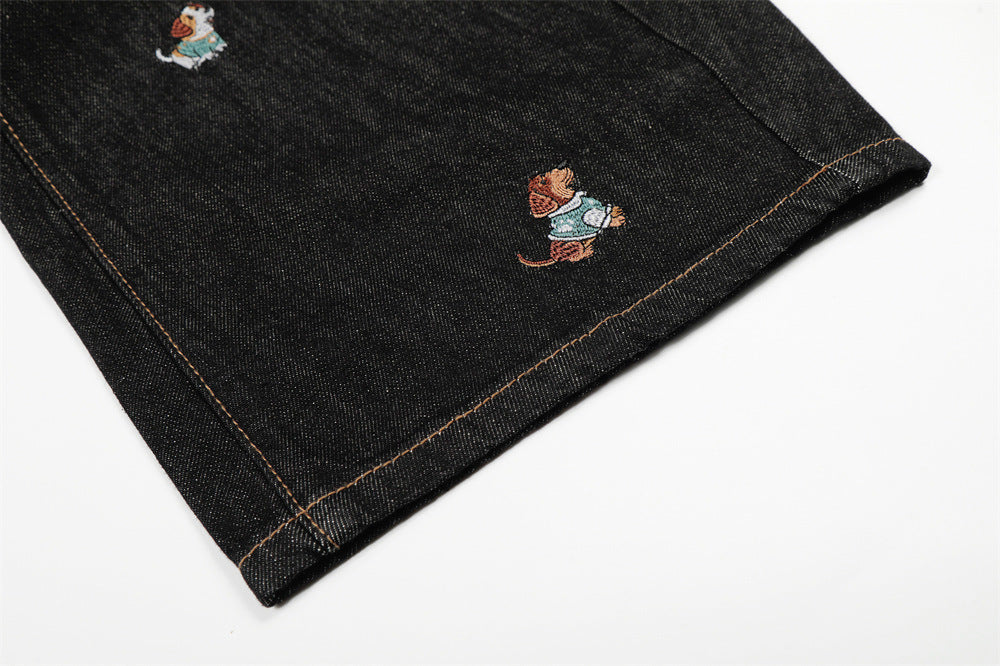 DAXUEN Wide leg denim trousers with dachshund embroidery