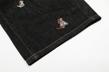 DAXUEN Wide leg denim trousers with dachshund embroidery
