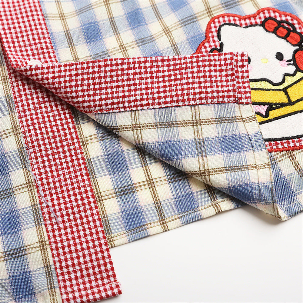 DAXUEN Plaid button-up shirt with cartoon cat patches