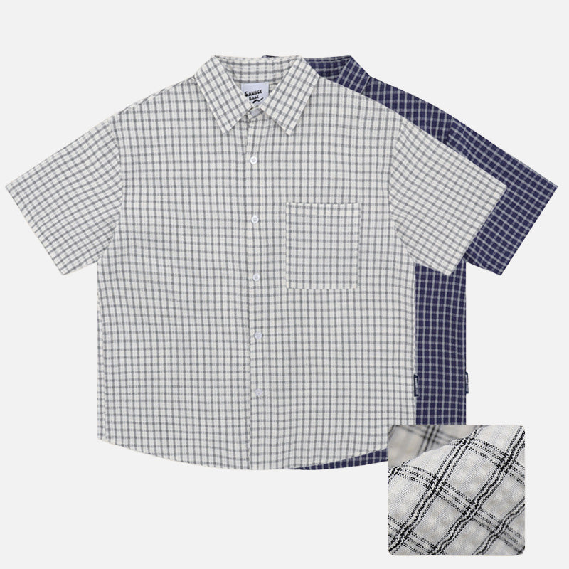 Grid Pattern Loose-Fit Short Sleeve Shirt