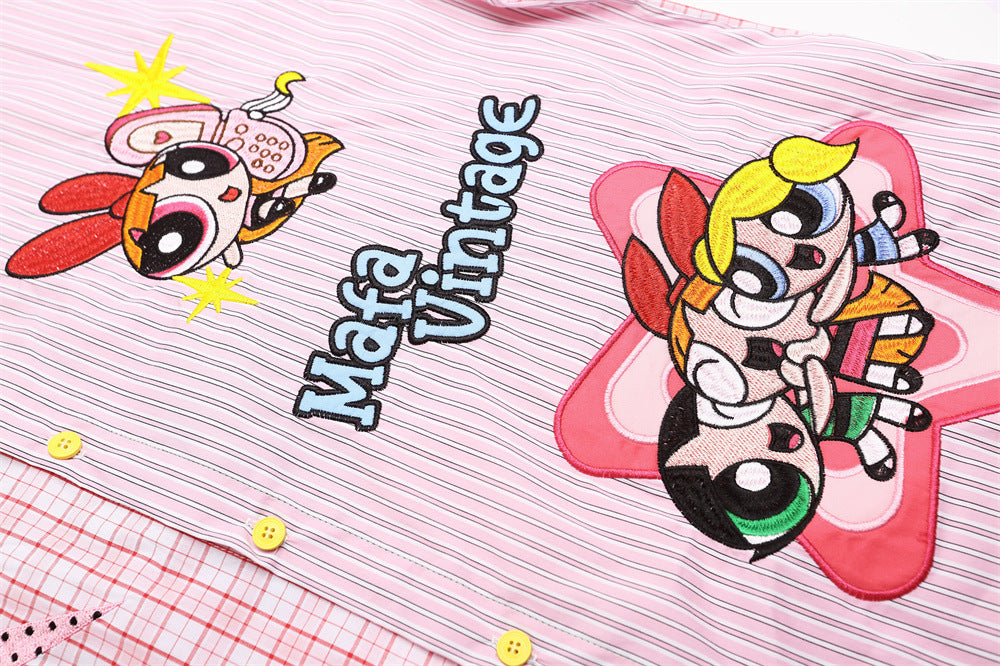 DAXUEN Short-sleeved button-up shirt with cartoon embroidery