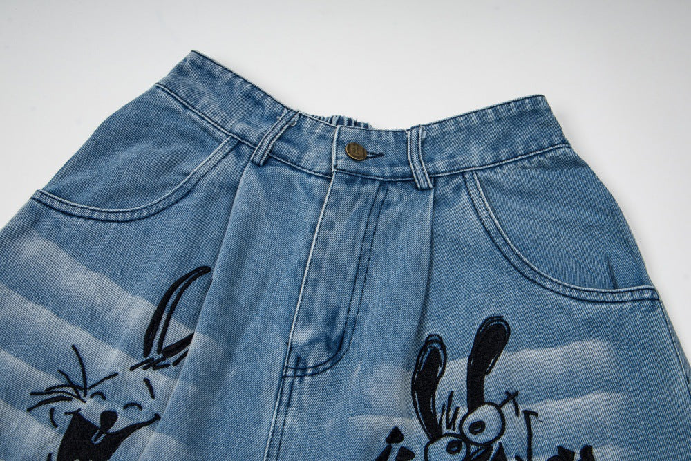 DAXUEN Loose-fitting wide-leg denim trousers with cartoon embroidery