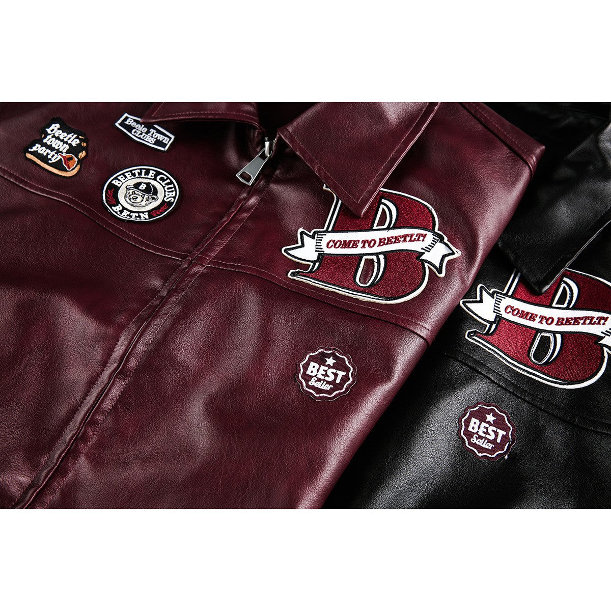 DAXUEN burgundy bomber jacket with beetle club patches