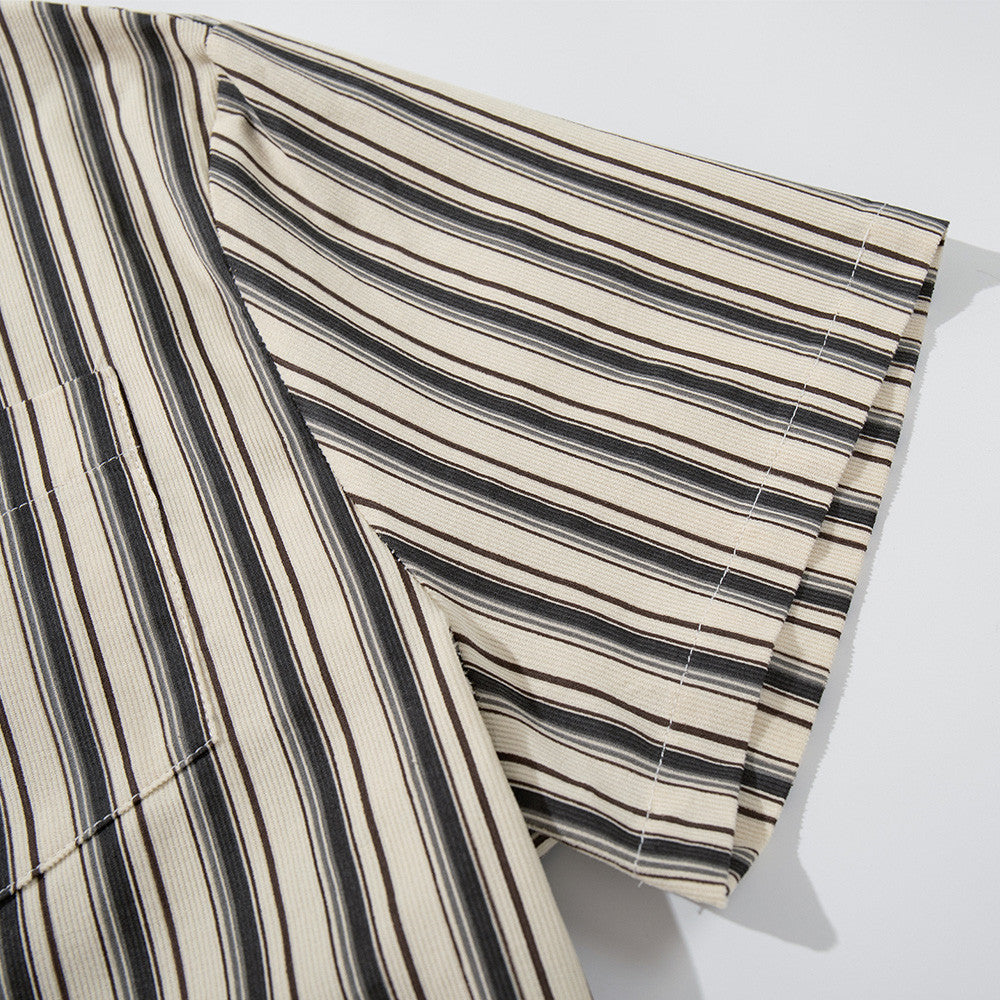 DAXUEN Cream vertical stripe short-sleeved button-up shirt