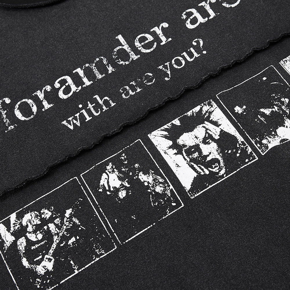 DAXUEN Black short-sleeved t-shirt with distressed text and graphics