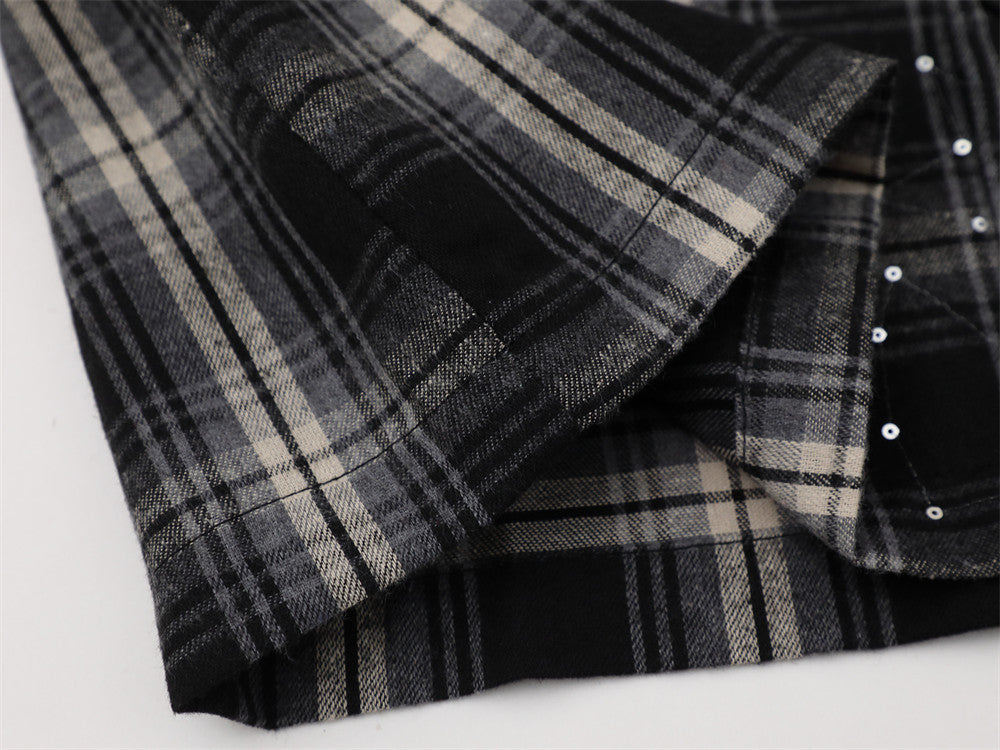 DAXUEN Short-sleeve plaid shirt with sequin embroidery