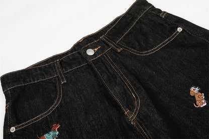 DAXUEN Wide leg denim trousers with dachshund embroidery