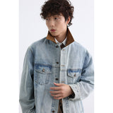DAXUEN light blue denim jacket with brown collar