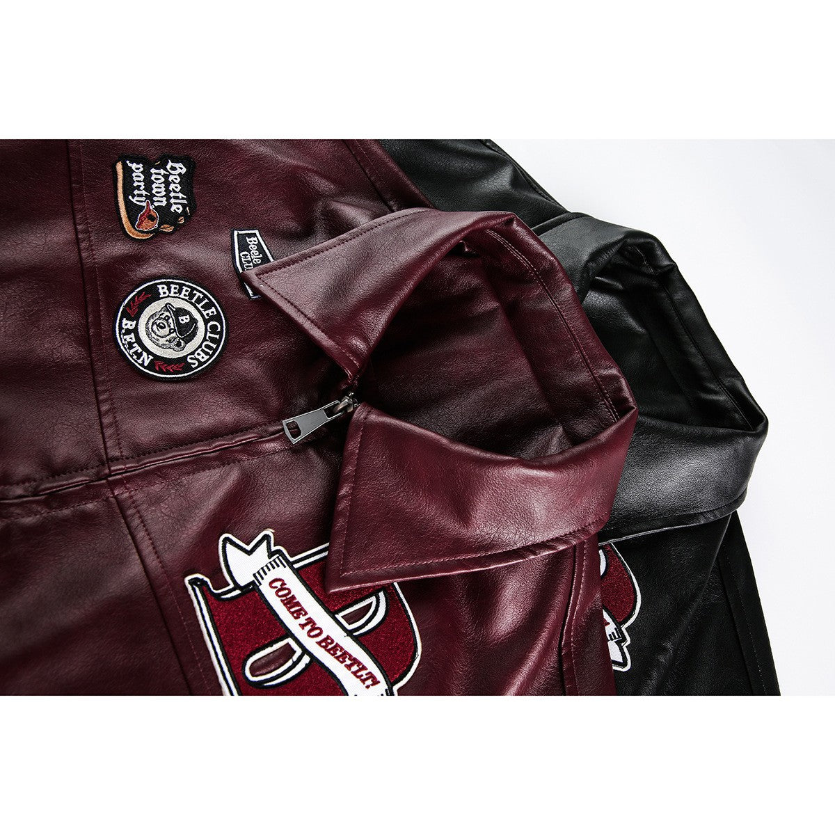 DAXUEN burgundy bomber jacket with beetle club patches