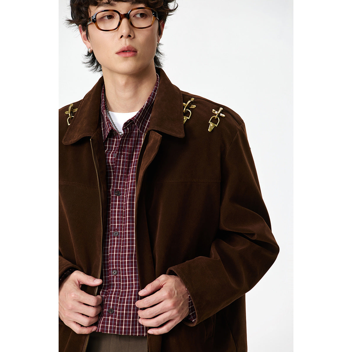 DAXUEN dark brown corduroy jacket with gold hooks