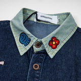 DAXUEN Cartoon patchwork denim button-up shirt