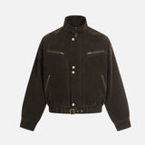 DAXUEN dark brown suede bomber jacket with metallic details