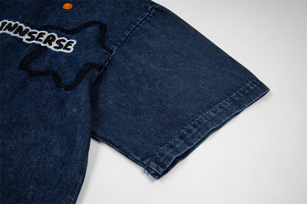 DAXUEN Short-sleeved denim shirt with embroidered graphics