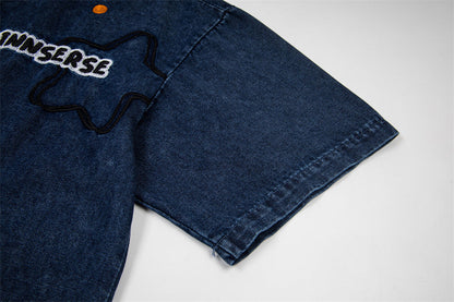 DAXUEN Short-sleeved denim shirt with embroidered graphics