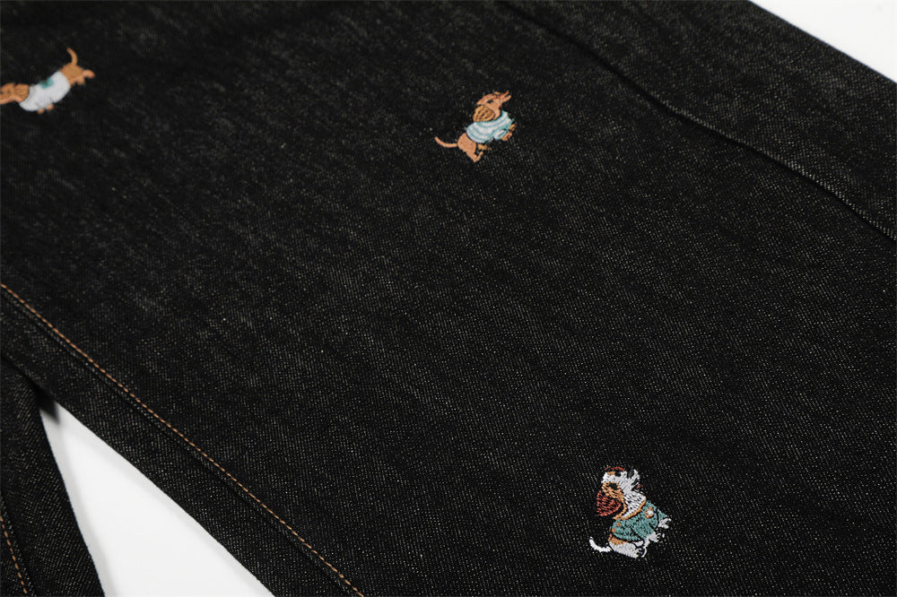 DAXUEN Wide leg denim trousers with dachshund embroidery
