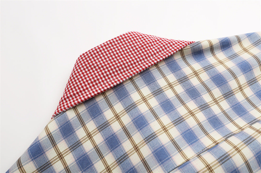 DAXUEN Plaid button-up shirt with cartoon cat patches