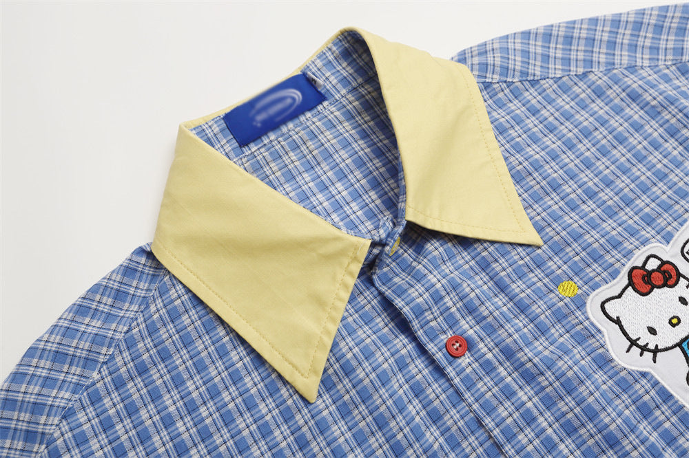 DAXUEN Short-sleeved plaid button-up shirt with cartoon cat patches