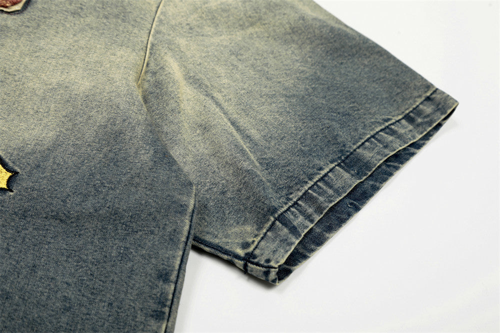 DAXUEN Faded denim short-sleeve T-shirt with graphic letters