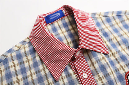 DAXUEN Plaid button-up shirt with cartoon cat patches