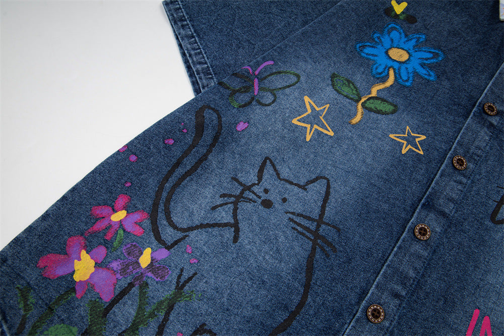 DAXUEN Floral graphic denim short-sleeved button-up shirt