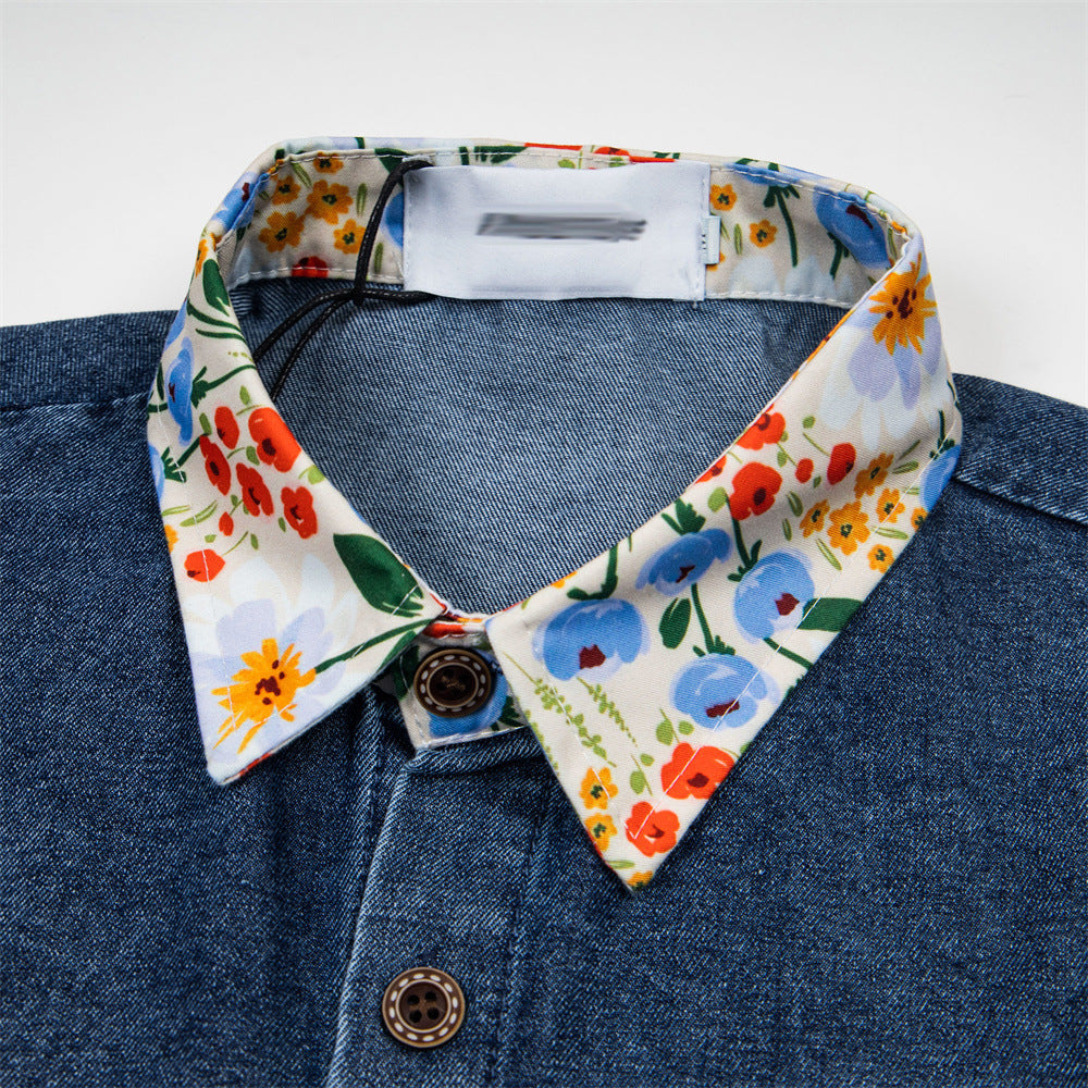 DAXUEN Floral graphic denim short-sleeved button-up shirt