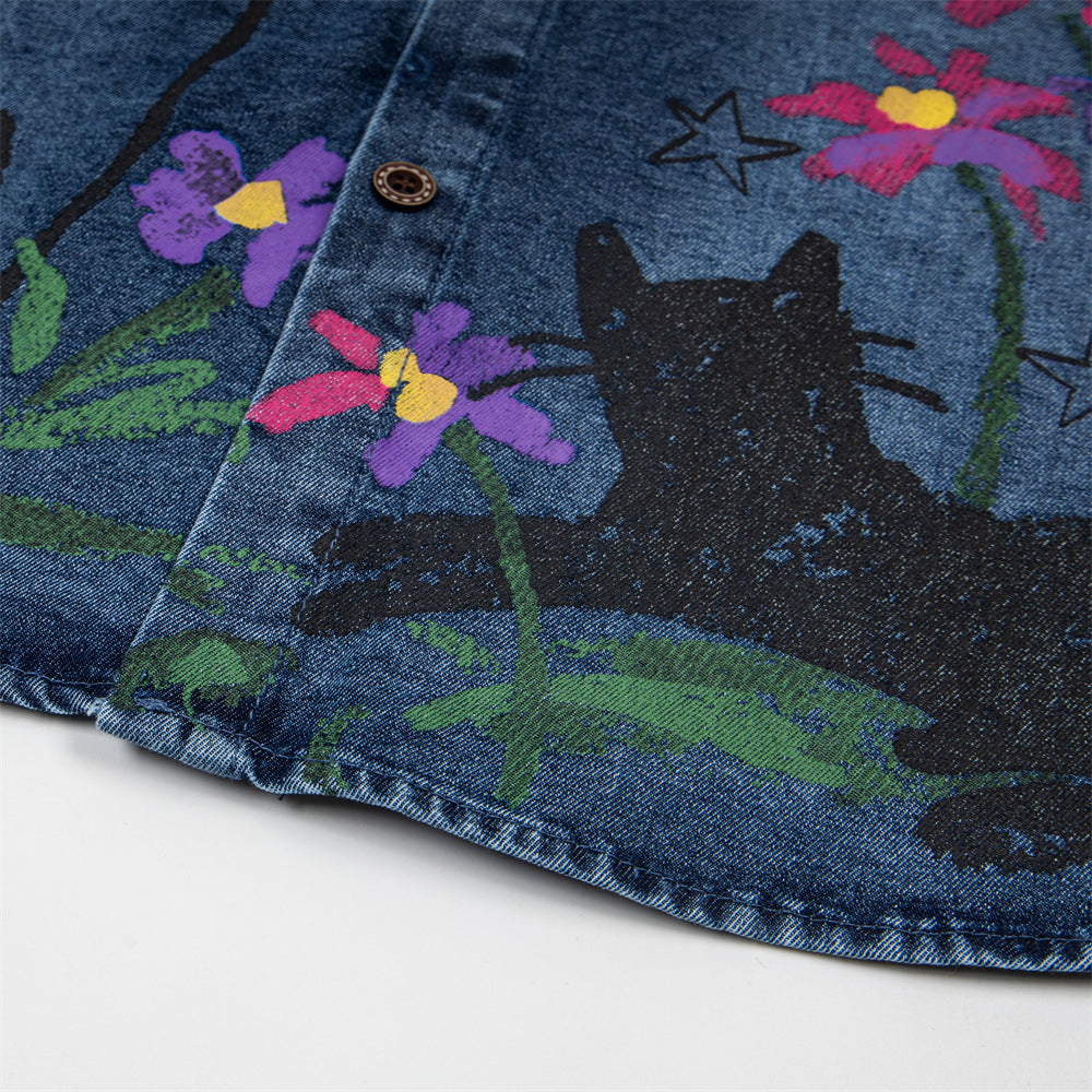 DAXUEN Floral graphic denim short-sleeved button-up shirt