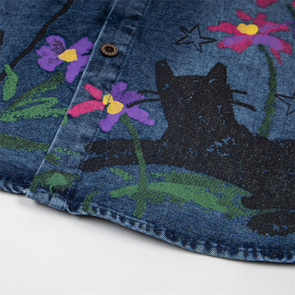 DAXUEN Floral graphic denim short-sleeved button-up shirt