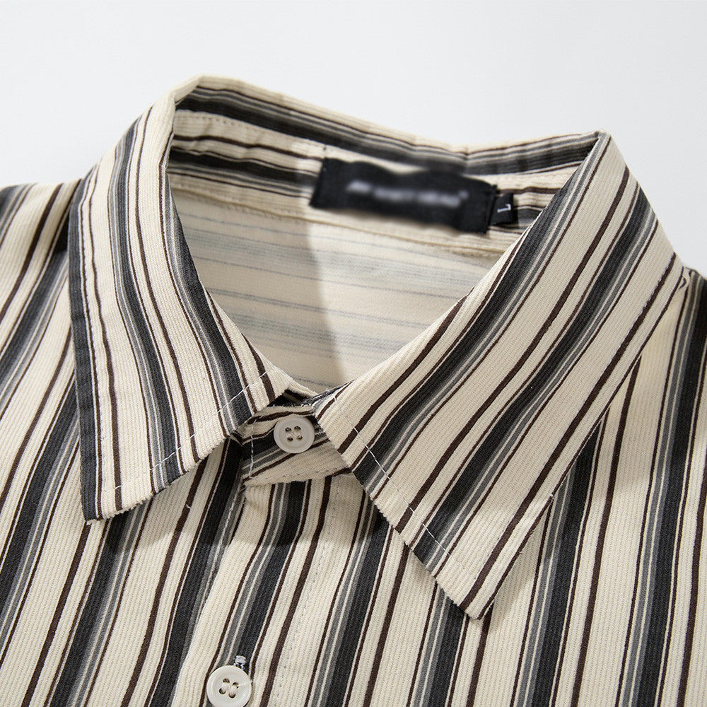DAXUEN Cream vertical stripe short-sleeved button-up shirt