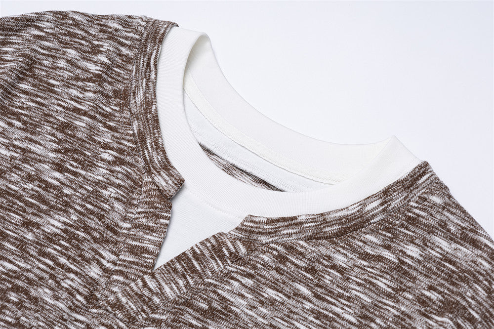 DAXUEN Layered neckline short-sleeved top in heathered fabric