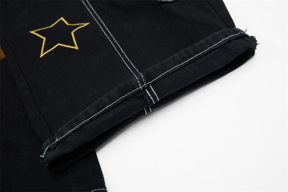 DAXUEN Black wide leg cargo pants with colorful cat patches