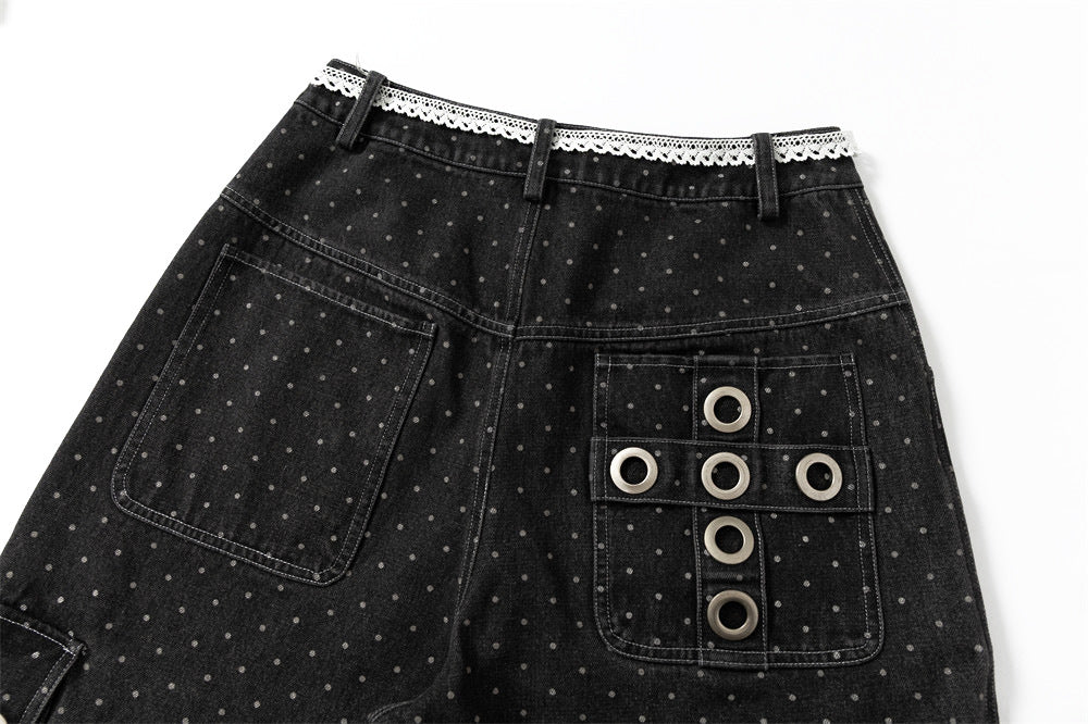 DAXUEN Dark grey wide-leg cropped cargo pants with polka dots