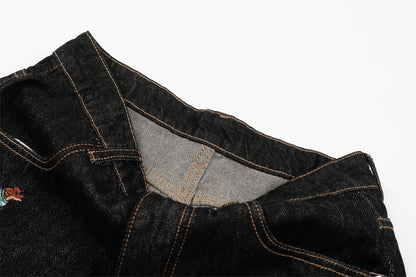 DAXUEN Wide leg denim trousers with dachshund embroidery