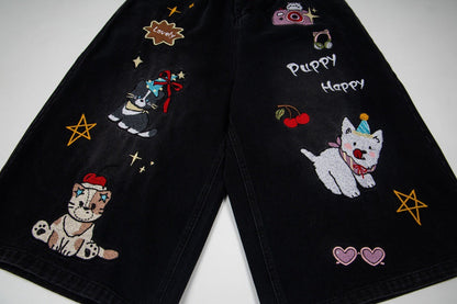 DAXUEN Cropped wide-leg denim pants with embroidery and plaid details
