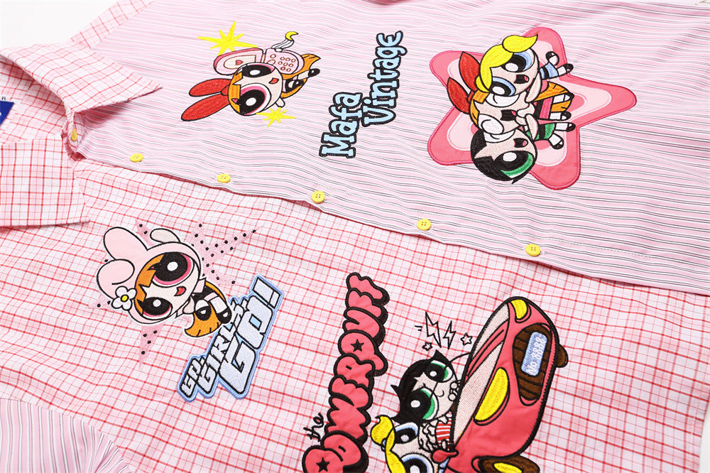 DAXUEN Short-sleeved button-up shirt with cartoon embroidery