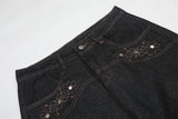DAXUEN Dark indigo wide-leg denim pants with embroidery and studs