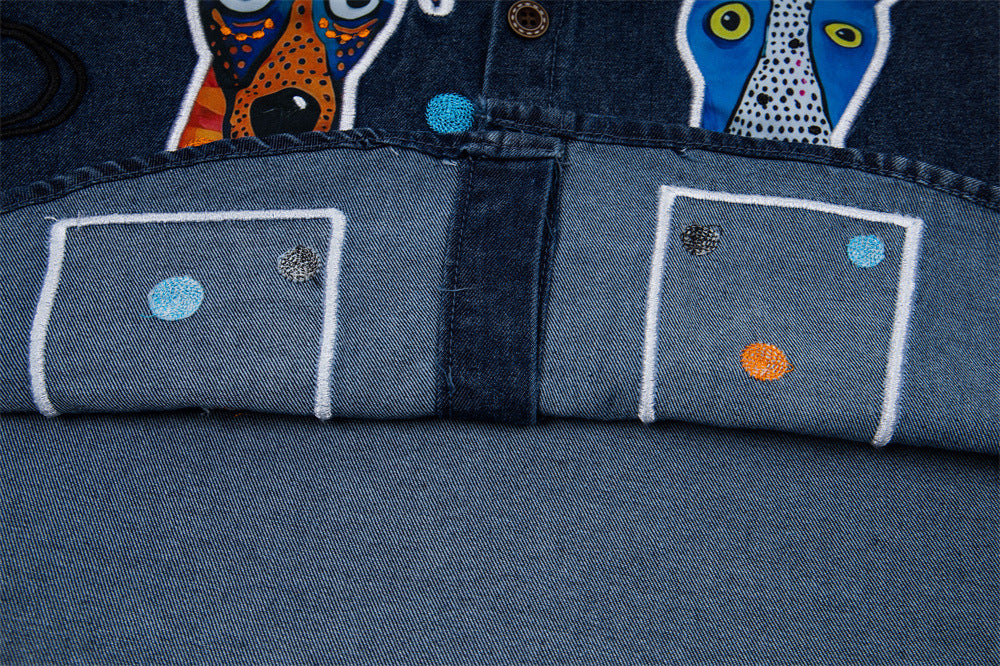 DAXUEN Short-sleeved denim shirt with embroidered graphics