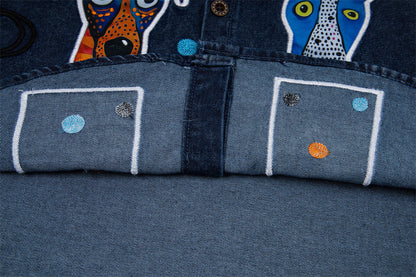 DAXUEN Short-sleeved denim shirt with embroidered graphics