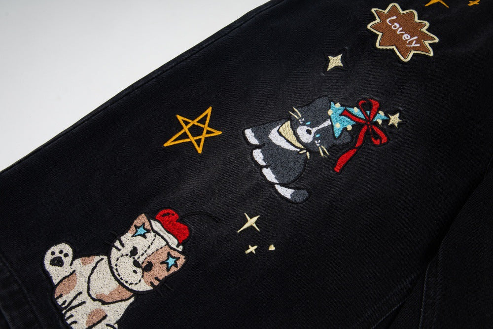DAXUEN Cropped wide-leg denim pants with embroidery and plaid details