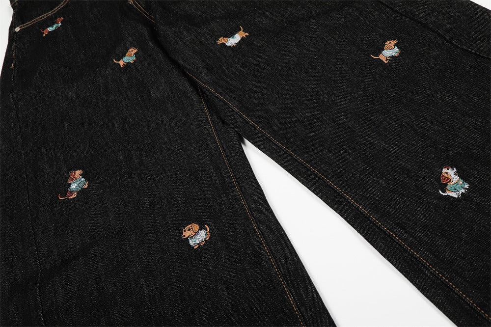 DAXUEN Wide leg denim trousers with dachshund embroidery