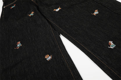 DAXUEN Wide leg denim trousers with dachshund embroidery