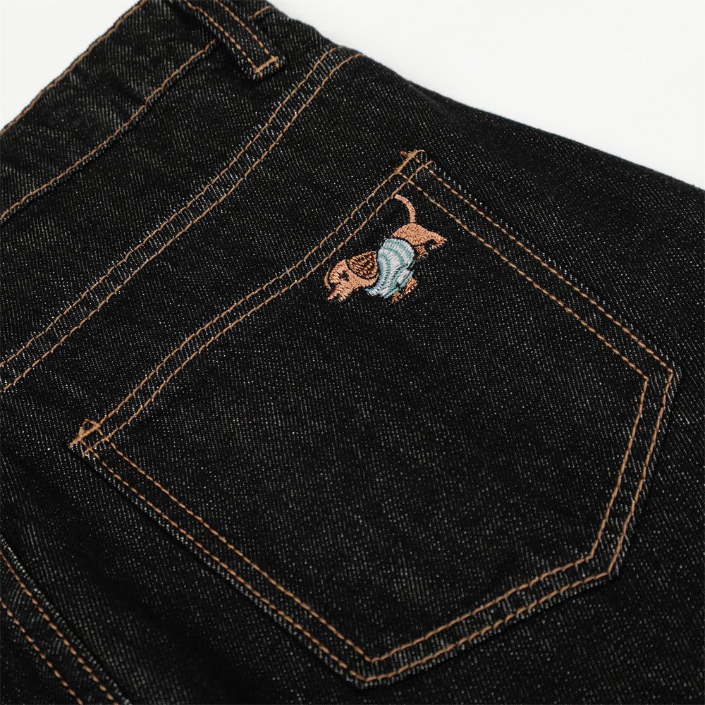 DAXUEN Wide leg denim trousers with dachshund embroidery