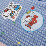 DAXUEN Short-sleeved plaid button-up shirt with cartoon cat patches