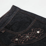 DAXUEN Dark indigo wide-leg denim pants with embroidery and studs