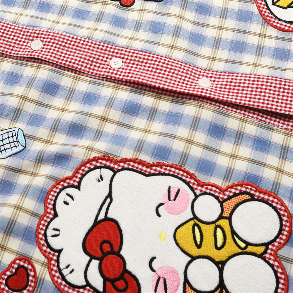 DAXUEN Plaid button-up shirt with cartoon cat patches