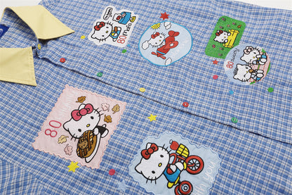 DAXUEN Short-sleeved plaid button-up shirt with cartoon cat patches