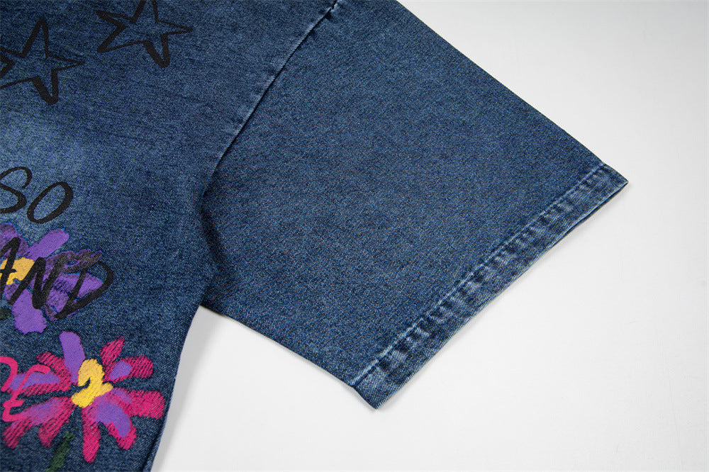 DAXUEN Floral graphic denim short-sleeved button-up shirt